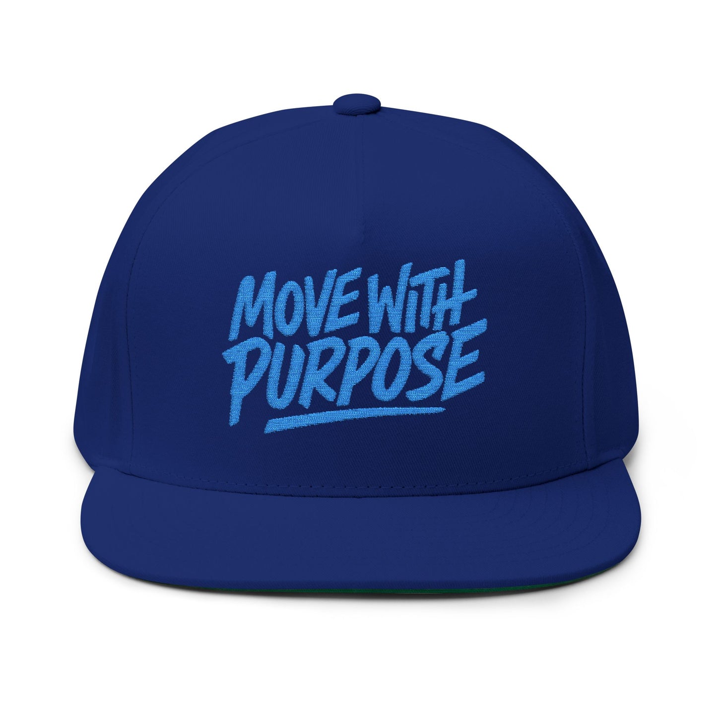 Move With Purpose | White Flat Bill Hat with Royal Blue Embroidery