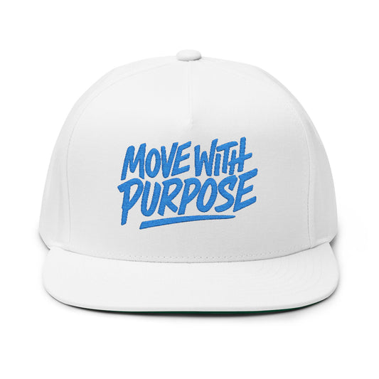 Move With Purpose | White Flat Bill Hat with Royal Blue Embroidery